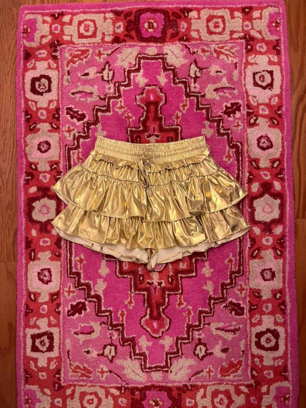 Day + Moon Gold Metallic Ruffle Tiered Mini Skirt with Waist Drawstrings